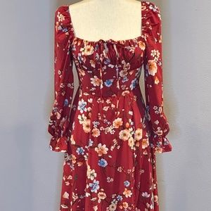 Shein Vacay Floral Print square neck Flounce sleeve with slit Rose Red small
